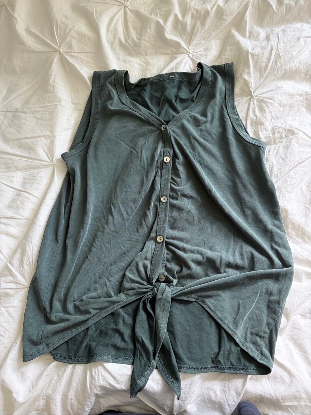 Sleeveless Button-Front Tie Hem Top - Slate Green